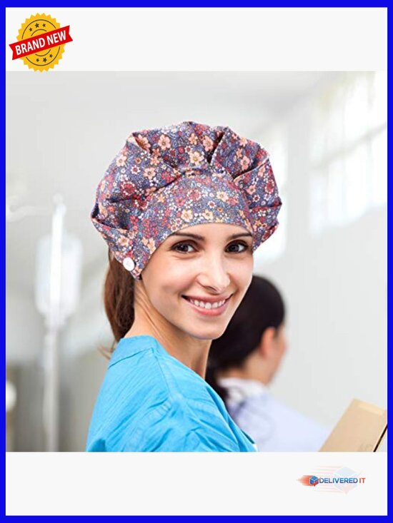 12 Bouffant Caps Adjustable Nurse Hats with Buttons Sweatband Printed main image 5